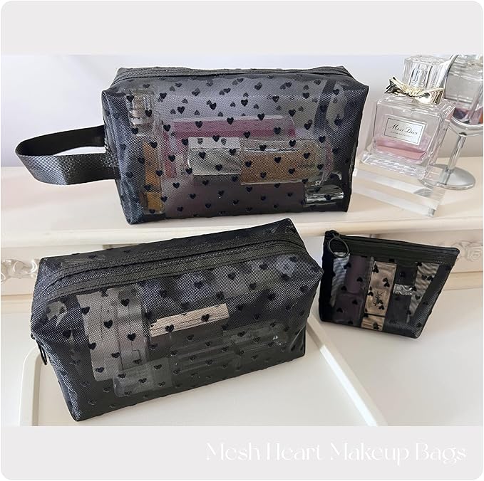 5 Pieces Zipper Mesh Cosmetic Bags Set, Mesh Heart Makeup Bags Toiletry Bags, Portable Travel Makeup Bags for Women, Small Items Storage Organizer Bags for Travelling (Black)