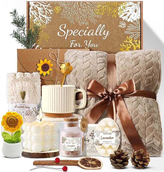 Coralogo Spa Gift Baskets for Women - Get Well Soon, Self Care, Relaxing Sunflower Gift Basket, 11pcs Spa Sets for Women, Luxury Gifts for Birthday Christmas Valentines Day Mothers Day