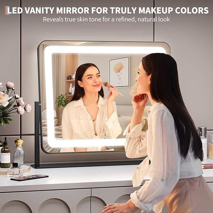 19.6"x15.7" Vanity Mirror with Lights, Large Lighted Mirror, LED Makeup Mirror with 3-Color Dimmable Modes and Smart Touch Control, Perfect for Desk or Bedroom, Vanity Desk Tabletop Makeup, White