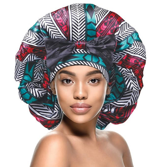 DONNA Jumbo Bow Ribbon Bonnet 1pc Satin Bonnet for Sleeping Removable Reversible Bow Ribbon for Women with Curly Hair, Crochet Hairstyles Silk Hair Accessories Shower Cap Aztec Pattern