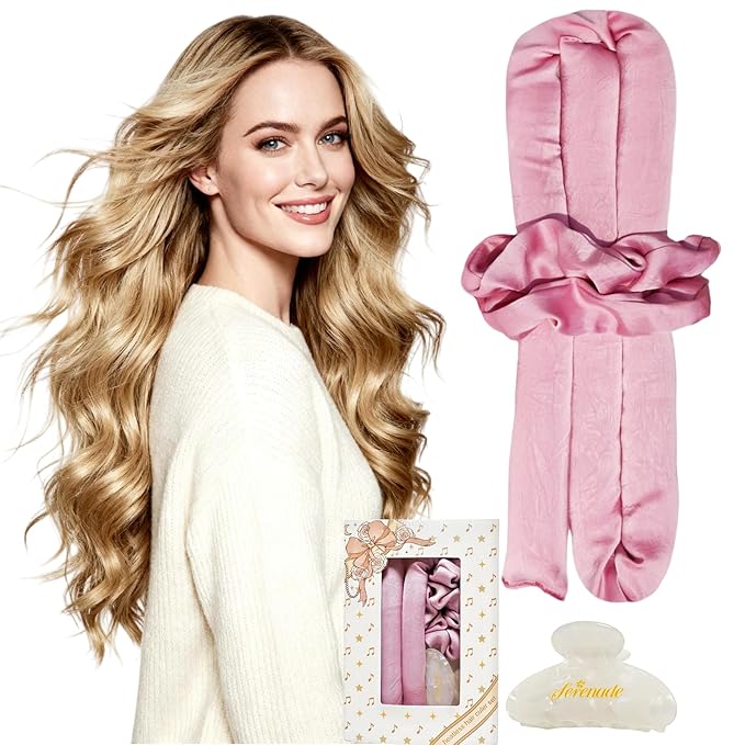 Serenade Textured Satin Heatless Curls Overnight, Heatless Hair Curler Curling Set for Women and Girls to Sleep in, with 2 Satin Scrunchies and 1 Clip for Overnight Curls, Pink