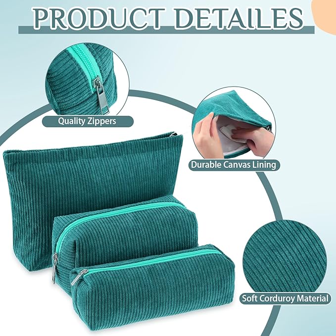 3 Pcs Makeup Bag Set for Women Corduroy Cosmetic Pouch Aesthetic Smile Travel Toiletry Bag Cute Purse Pouch Pencil Case Makeup Brushes Storage Organizer for Christmas(Dark Green,Solid Style)