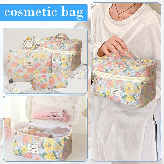 3 Piece Floral Oil Painting Print Cotton Quilted Makeup Bag Set, Large Capacity Travel Makeup Bags for Women and Girls, Includes Small, Medium, and Extra Large aesthetic makeup&Cosmetic Bags