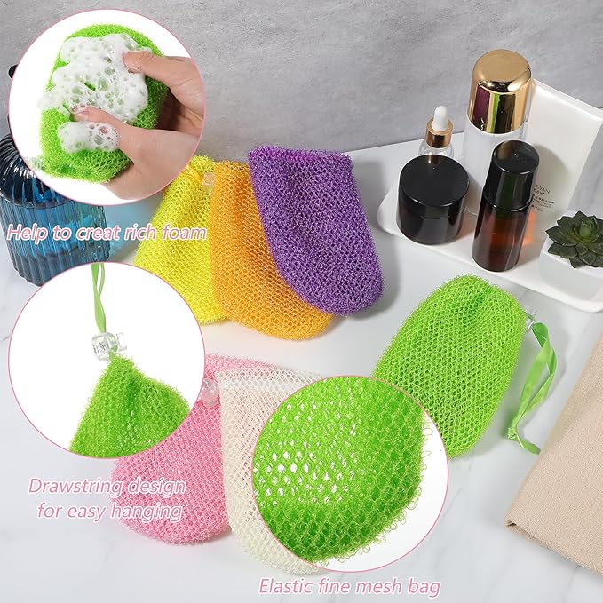 6 Pack Soap Bags for Soap Bars, Reusable Mesh Soap Saver Bag Hangable Bar Soap Pouch Exfoliating Soap Bag Mesh Bar Soap Loofah Holder Pouch Bubble Foam Net Shower Body Facial Cleaning