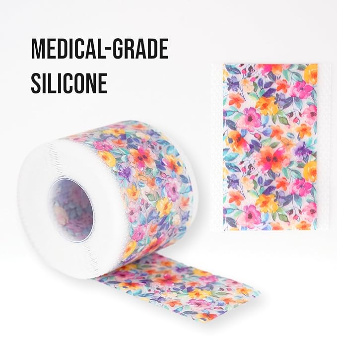 Quitch Silicone Scar Sheets for Surgical Scars, Silicone Scar Tape, C Section Recovery Must Haves, Tummy Tuck Recovery Must Haves, Postpartum Essentials Scar Treatment (Floral) 4x150cm