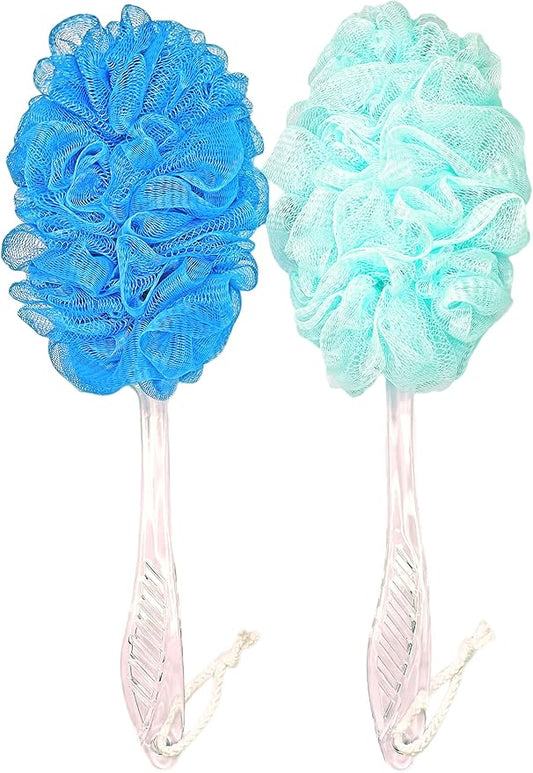 Loofah Back Scrubber for Shower,Long Handle Bath Body Brush Soft Nylon Mesh Loofah Sponge On a Stick,Exfoliating Scrub Cleaning Luffa for Elderly for Men Women(2-Pack,Bule and Green)