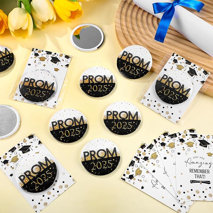 36 Sets Prom 2025 Graduation Party Favor Prom Compact Mirror for Her Him Inspirational 2025 Graduation Cards for Senior Night College Party Gifts(Black Gold)
