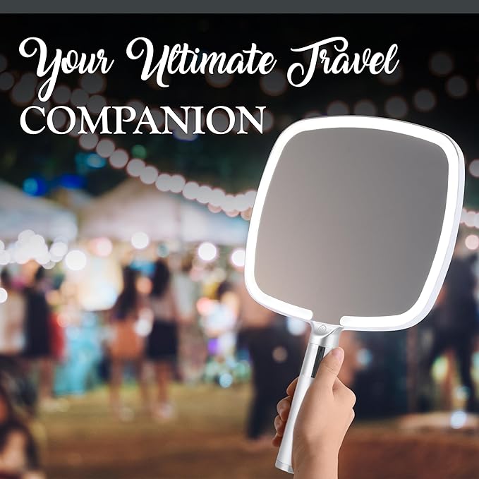 MIRRORVANA Lighted Travel Makeup Mirror - 2 in 1 Hand Mirror & Table Mirror with 3 Lighting Modes, Detachable Stand and Comfy Handle - 9" x 13" (Shiny Silver)