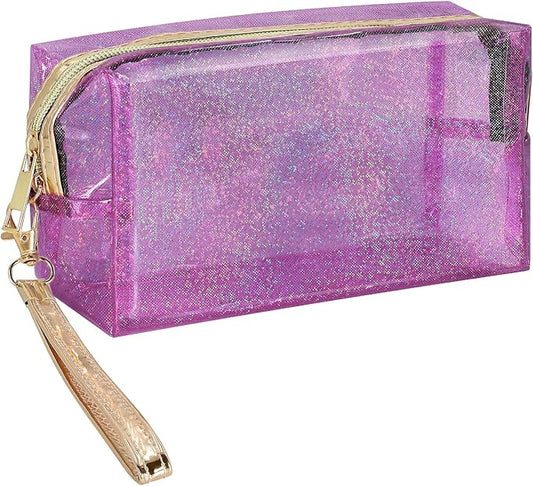 Clear Colorful Makeup Bag, Thick PVC Small Clear Toiletry Bag for Travel, Waterproof Cosmetic Bag with Durable Zipper & Detachable Strap, Cute Transparent Pouch Organizer for Women, 7.1×4×3 In Purple