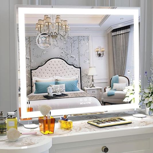 BEAUTME Vanity Mirror with Lights for Tabletop,Hollywood Lighted Makeup Mirror for Dressing Room & Bedroom,Big Desk Mirror Vanity (600×507×150mm)