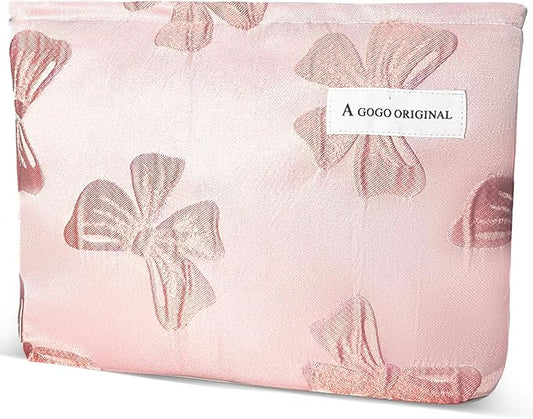 Bow Makeup Bag Large Floral Cosmetic Bags for Women Cute Makeup Pouch Zipper Cosmetic Pouch for Purse Embossed Pink Bow Aesthetic Portable Travel Toiletry Bag Makeup Organizer Bag