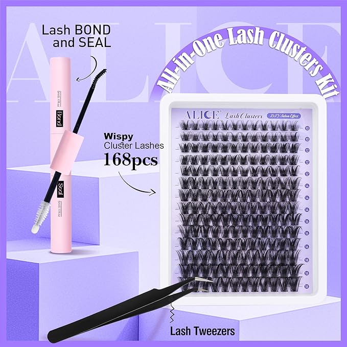 ALICE Lash Clsusters Kit Wispy Cluster Eyelash Extension Kit 168pcs 10-18mm Natural Lash Extension Kit Thin Band Individual Lashes Kit with Lash Glue Bond and Seal DIY at Home