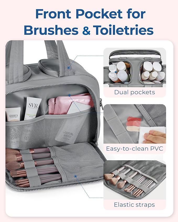 BAGSMART Travel Toiletry Bag, Lightweight Large Wide-open Travel Bag for Women, Puffy Cosmetic Makeup Bag Organizer with Handle for Accessories,Essentials, Toiletries, Grey