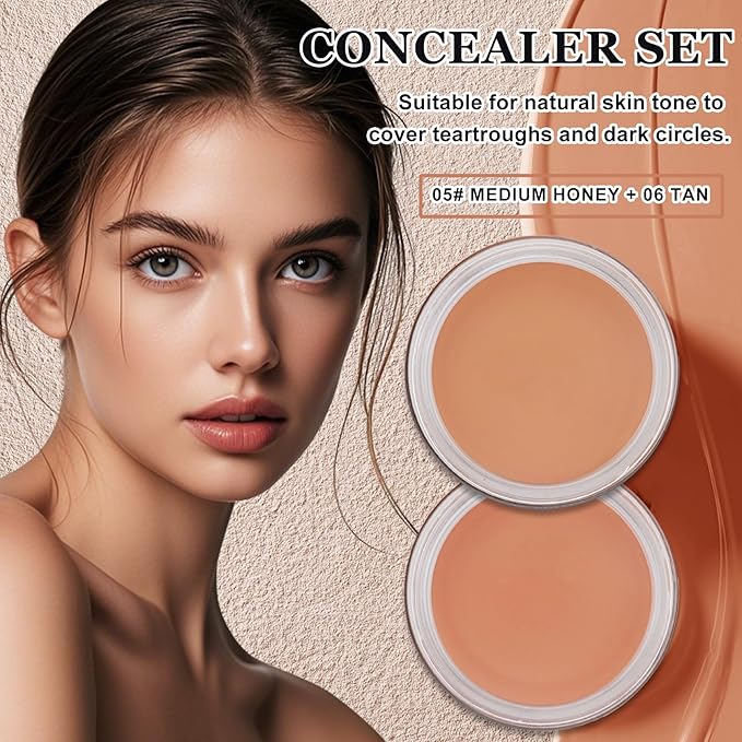 2PCS Under Eye Concealer for Dark Circles Color Correcting Corrector Full Coverage,Pro Tattoo Cover up Makeup Concealer Makeup (05 Mediun Honey+06 Tan)