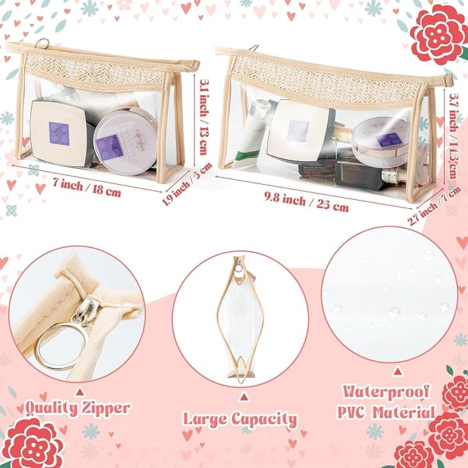 Boho Patch Cosmetic Bag - Summer Beach Swimming Pool Toiletry Makeup Bag Beige Clear Waterproof Travel Makeup Pouch PVC Zipper Clutch Daily Use Purse Summer Beach Gifts for Women Girls