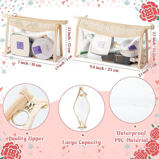 Boho Patch Cosmetic Bag - Summer Beach Swimming Pool Toiletry Makeup Bag Beige Clear Waterproof Travel Makeup Pouch PVC Zipper Clutch Daily Use Purse Summer Beach Gifts for Women Girls