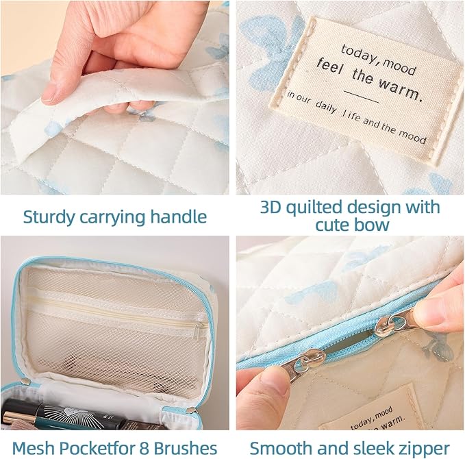 3 Piece Cute Blue Bow Quilted Makeup Bag Set, Large Capacity Travel Makeup Bags for Women and Girls, Includes Small, Medium, and Extra Large aesthetic makeup&Cosmetic Bags (3PCS-Blue Bow)