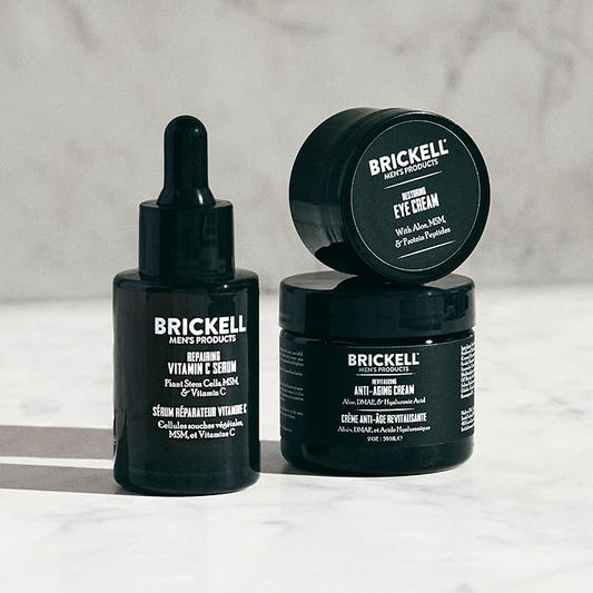 Brickell Men's Advanced Anti-Aging Routine, Night Face Cream, Vitamin C Facial Serum and Eye Cream, Natural and Organic, Unscented, Skin Care Gift Set