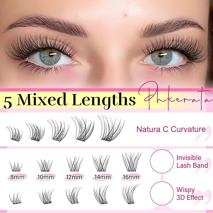 Natural Lash Clusters Kit Invisible Band Eyelash Clusters Wispy Lash Extension Kit DIY Cluster Eyelash Extension Kit Individual Lashes with Lash Glue Bond and Seal Tweezers, 8-16mm