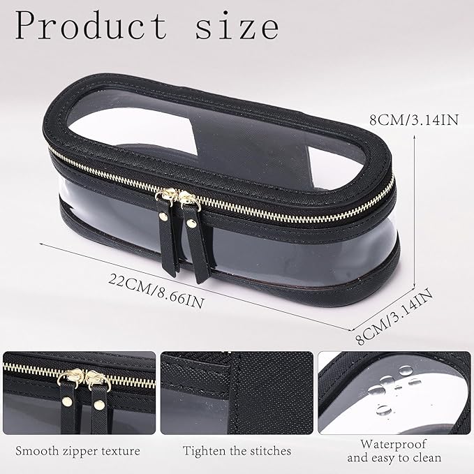 Makeup Brush Case Clear Travel Cosmetic & Toiletry Bag Slim Makeup Bag with Zipper Small Purse Organizer Car Essential Bag for Women (Black, SLIM-2),