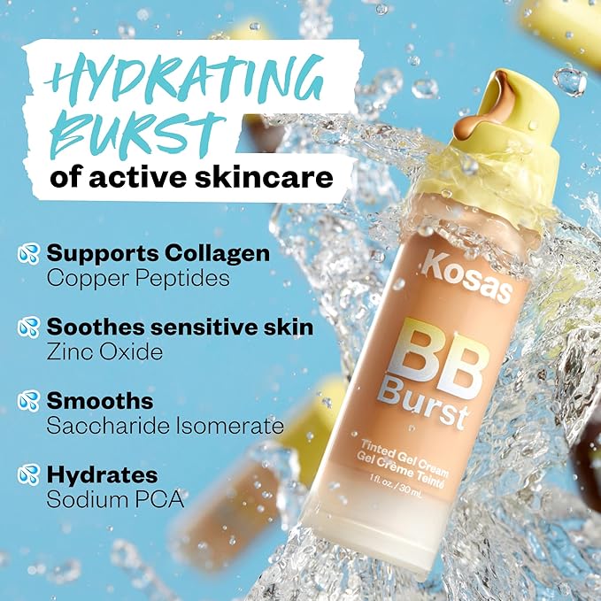 Kosas BB Burst Tinted Face Gel Cream - Supports Healthy Collagen, Smoothes Skin, Hydrates & Moisturizes - Lightweight Buildable Coverage - Deep Neutral Olive 43, (1 Oz/30 ML)