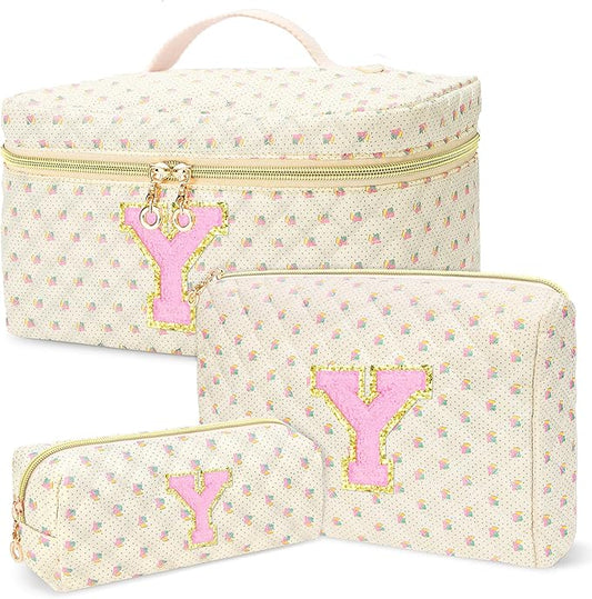 3 PCS Travel Makeup Bag Set, A-Z Initials Cotton Make up Bag Floral Quilted Cosmetic Bag for Girls and Women, Personalized Cute Toiletry Bag Travel Accessories Brushes Bag Yellow - Y