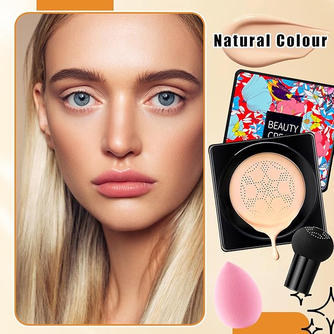 2Pcs Mushroom Head Air Cushion CC Cream Foundation Makeup,Moisturizing BB Cream Face Makeup Liquid Foundation,Long Lasting Full Coverage Concealer for All Skin Types（Natural）B