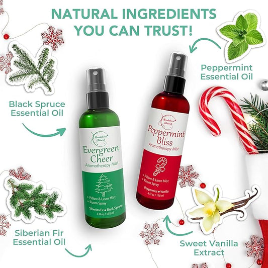 Holiday Aromatherapy Mist 2-Pack – Evergreen Cheer & Peppermint Bliss | Natural Air Freshener & Linen Mist | Perfect Christmas Room Spray & Stocking Stuffer