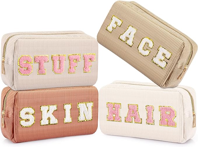 4 Pcs Preppy Patch Makeup Bag Corduroy Cosmetic Bag Makeup Accessories Skincare Pouch Chenille Letter Portable Zipper Face Pouch Cute Toiletry for Women Travel(Pink, Brown Series Color)