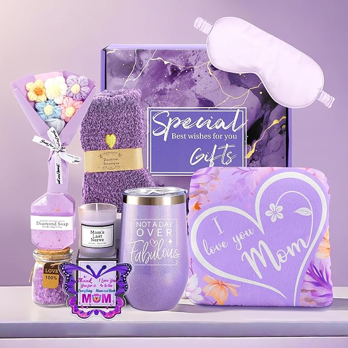 Luxury 10Pcs Mom Gifts Set Basket, Mothers Day Christmas Anniversary Birthday Gifts10Pcs Set for Mom, Mother Spa Skincare Set with Silk Eye Mask Blanket Tumbler, Ideal Gifts for Mother's Day