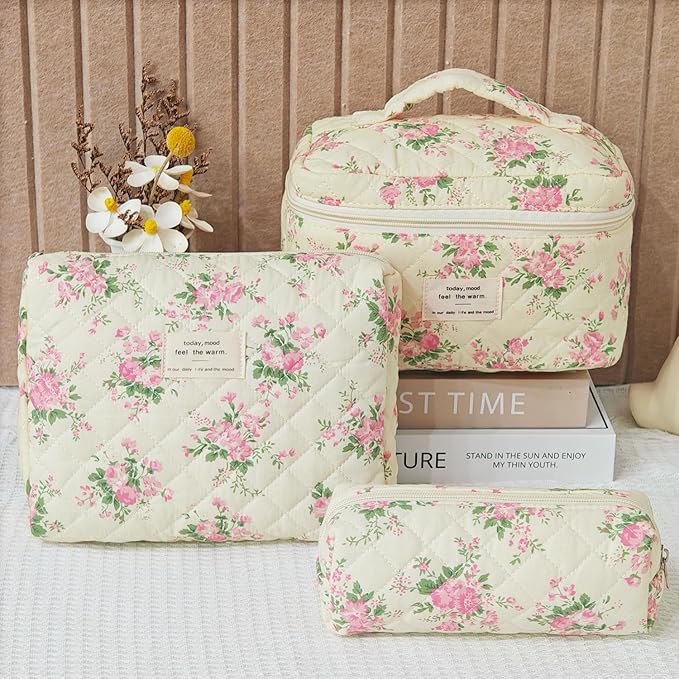 Makeup Bag Organizer, 3 Pieces Quilted Cosmetic Bag Set, Cotton Makeup Bag for Women, Floral Make Up Bag, Coquette Makeup Pouch, Flower Travel Toiletry Bag (Pink Flower)