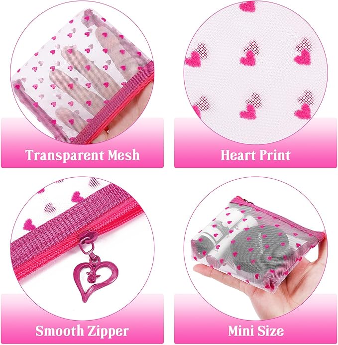 6 Pack Mini Zipper Mesh Makeup Bags, Heart Print Nylon Cosmetic Bags Toiletry Bags for Office Travel Organization (Widened-Hot Pink, XS)