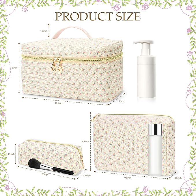 3 PCS Travel Makeup Bag Set, Large Cotton Make up Bag Quilted for Women, Floral Cosmetic Bag Toiletry Bag for Girls Cute Flower Toiletry Bag Travel Accessories Brushes Kawaii Stuff - Yellow and Flower
