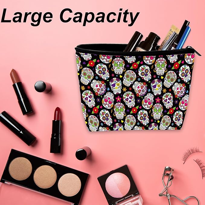Makeup Bag Day of the Dead Sugar Skull Cosmetic Bag for Women, Waterproof Large Capacity Travel Organizer 9.5×5.9 Inch