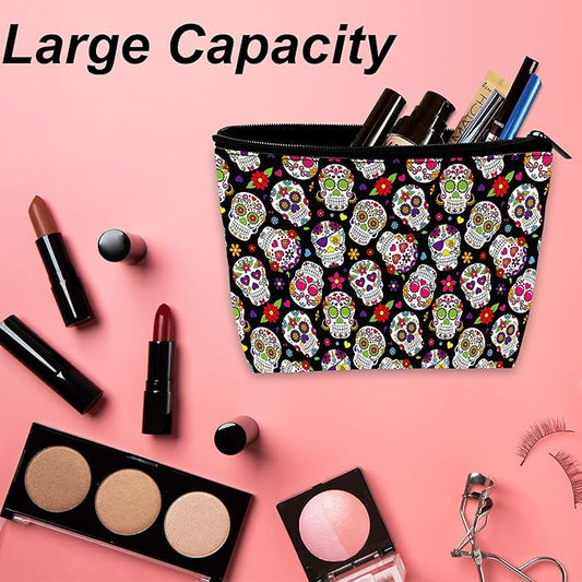 Makeup Bag Day of the Dead Sugar Skull Cosmetic Bag for Women, Waterproof Large Capacity Travel Organizer 9.5×5.9 Inch