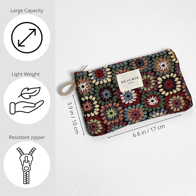 Medium Floral Travel Size Toiletries Makeup Pouch – Elegant Travel Cosmetic Bag, Toiletry Organizer & Coin Purse for Women, Ideal Gift for Her, Zippered Makeup Bag, Made in Barcelona