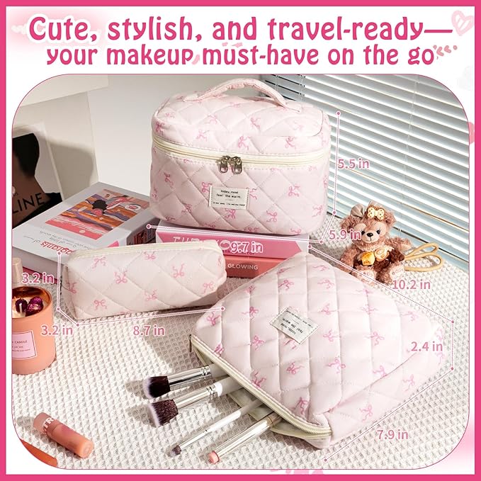 3 Piece Cute Bow Pink Quilted Makeup Bag Set, Large Capacity Travel Makeup Bags for Women and Girls, Includes Small, Medium, and Extra Large aesthetic makeup&Cosmetic Bags (3PCS-Pink SlimBow)