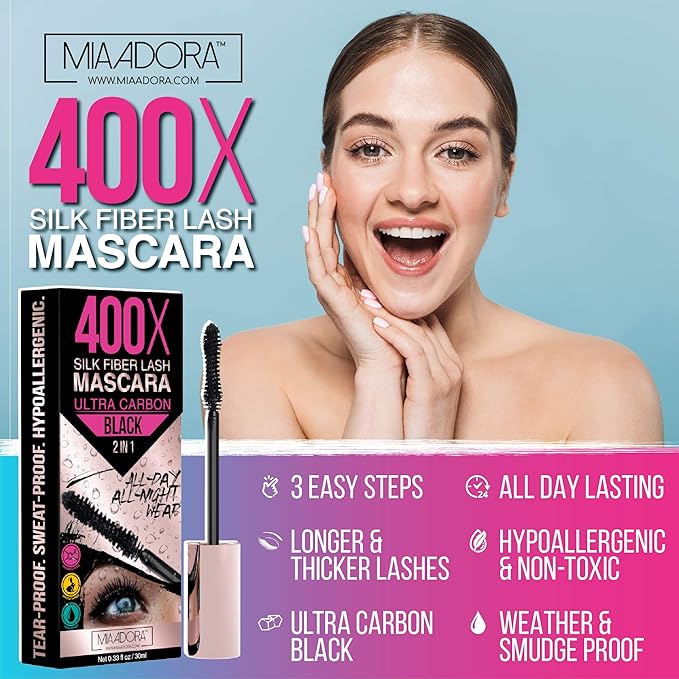 400X Pure Silk Fiber Lash Mascara [Ultra Black Volume and Length], Longer & Thicker Eyelashes. Waterproof, Long Lasting, Instant & Very Easy to Apply, Smudge-proof, Hypoallergenic