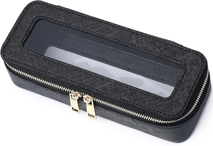 Makeup Brush Case Clear Travel Cosmetic & Toiletry Bag Small Makeup Bag with Zipper Purse Organizer Car Essential Bag for Women (Black, SLIM)