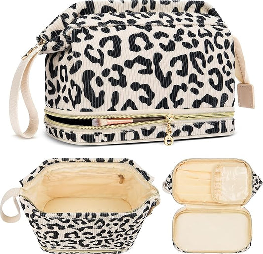 Makeup Bag for Women, Large Make Up Bag Corduroy Cosmetic Bag for Girls, Make up Travel Bag Essentials, Leopard Cute Toiletry Bag for Women Travel Size Toiletries Bag
