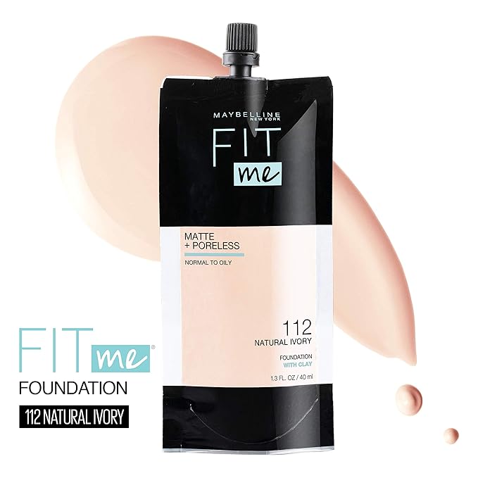 Maybelline New York Fit Me Matte + Poreless Liquid Foundation, Pouch Format, 112 Natural Ivory, 1.3 Ounce