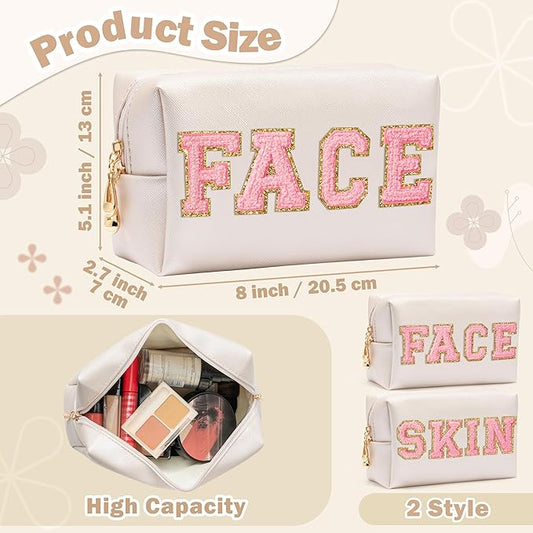 CY2SIDE SKIN Letter Makeup Bag - 2PCS SKIN and FACH Chenille Letter Patch Cosmetic Bag Preppy PU Leather Patch Pouch Waterproof Portable Zipper Travel Organizer Christmas Gifts for Women Girls(Pink)
