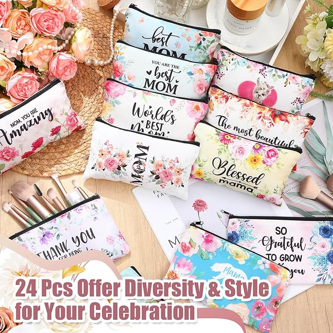 Meanplan 24 Pieces Mother's Day Makeup Bags Bulk Mom Gifts Canvas Cosmetic Purse Organizer Zipper Cosmetic Pouch Portable Travel Toiletry Pouch Mother's Day Gifts Women Birthday Retirement