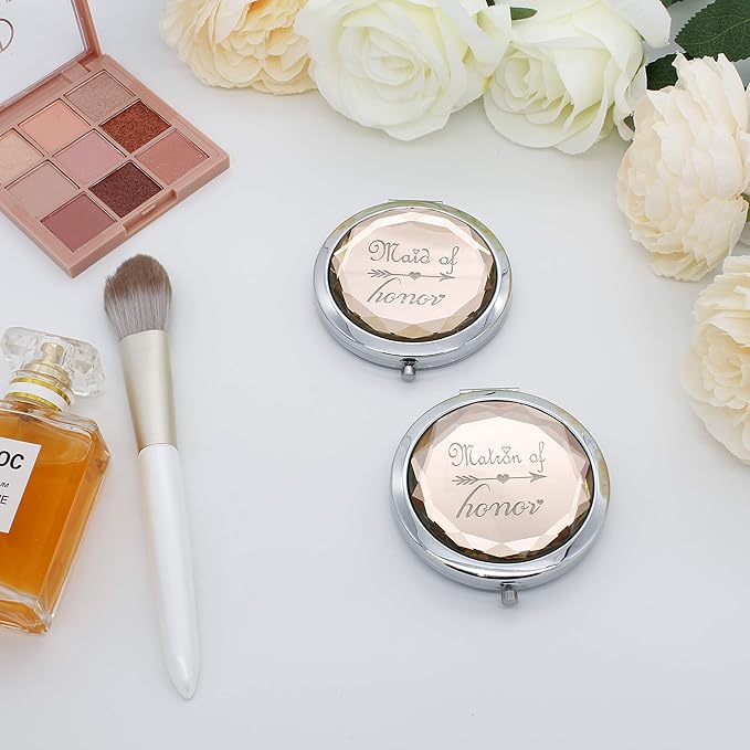 2 Pack Bridesmaid Proposal Gifts,1 Maid of Honor mirror 1 Matron of Honor mirror,Crystal Pocket Compact Makeup Mirror Wedding Bridesmaid Gifts Bachelorette Party Gifts for Bride (champagne)