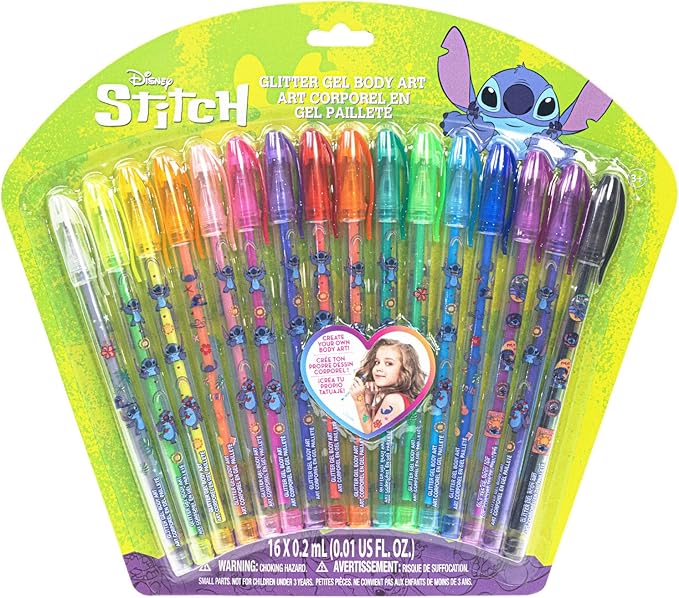 Disney Stitch 16 Piece Glitter Pen Body Art Set, Glittery and Bright Colors, Ages 3+ by Townley Girl