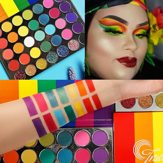 Afflano Rainbow Eyeshadow Palette Matte Shimmer Pressed Glitter, Pigmented Colorful Eye Shadow Pallets, Pink Red Orange Yellow Green Blue Purple 35 Color, Bright Prime Makeup Palette