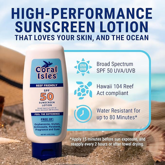 Sunscreen SPF 50 | Hawaii Compliant as Reef Safe | Octinoxate & Oxybenzone Free | Broad Spectrum UVA/UVB Protection | Water Resistant 80 Min. | Fragrance Free | 6 Fl Oz Lotion