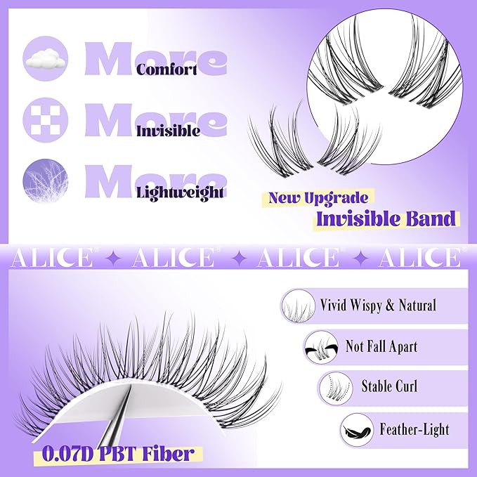 ALICE Cluster Eyelash Extension Kit Natural Wispy Lash Clusters Kit Lash Extension Kit Clear Band 168pcs C-Curly 11-13mm Individual Lashes with Lash Glue Bond and Seal Self Application at Home
