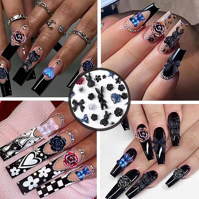 110 Pieces 3D Nail Charms for Acrylic Nails, Camellia Rose Flower Butterfly Bowknot Heart Bear Rabbit Star Charms for Nail Art Designs DIY Accessories Craft(Black)