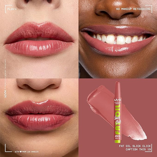 NYX PROFESSIONAL MAKEUP Fat Oil Slick Click, Lightweight, Buildable Pigmented Vegan Lip Balm - Caption This (Nude)